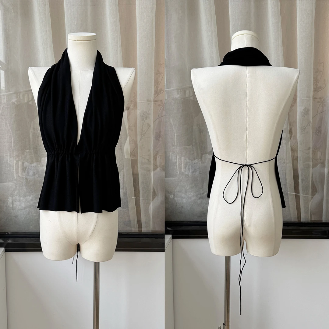 南法假日 海边度假挂脖超美露背小背心夏季新品吊带上衣