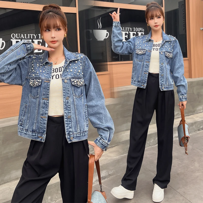 韩系洋气流行复古小个子牛仔外套女春秋新款钉珠宽松减龄夹克上衣