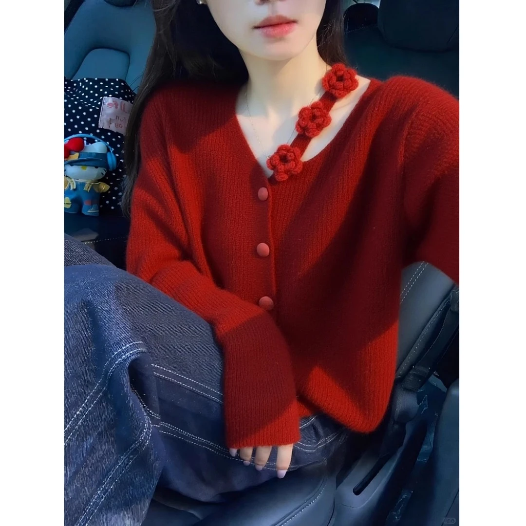 红色毛衣女秋冬慵懒风高级感独特超好看减龄气质高端软糯针织开衫