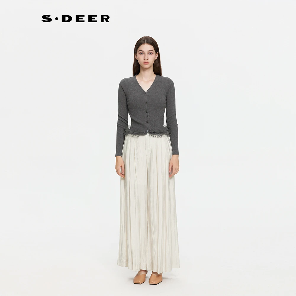 S·DEER圣迪奥显瘦气质长袖短款上衣百搭灰色抽绳针织衫S253Z3515