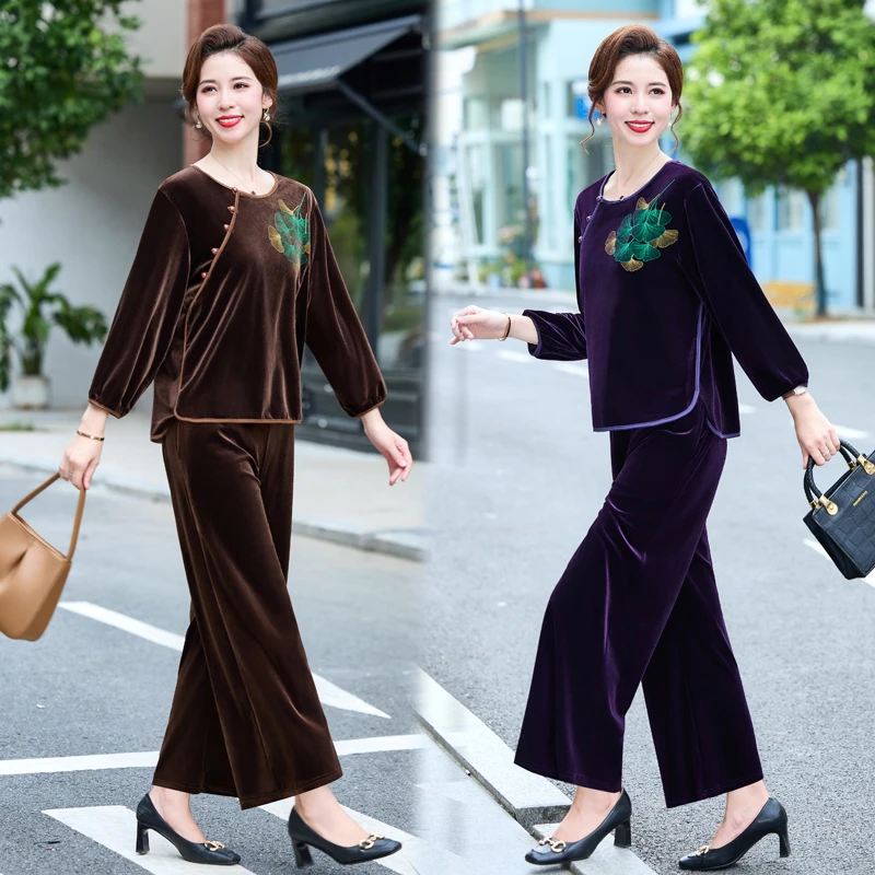 雅鹿优选大码胖妈妈春秋金丝绒套装加肥加大洋气中老年秋装休闲两