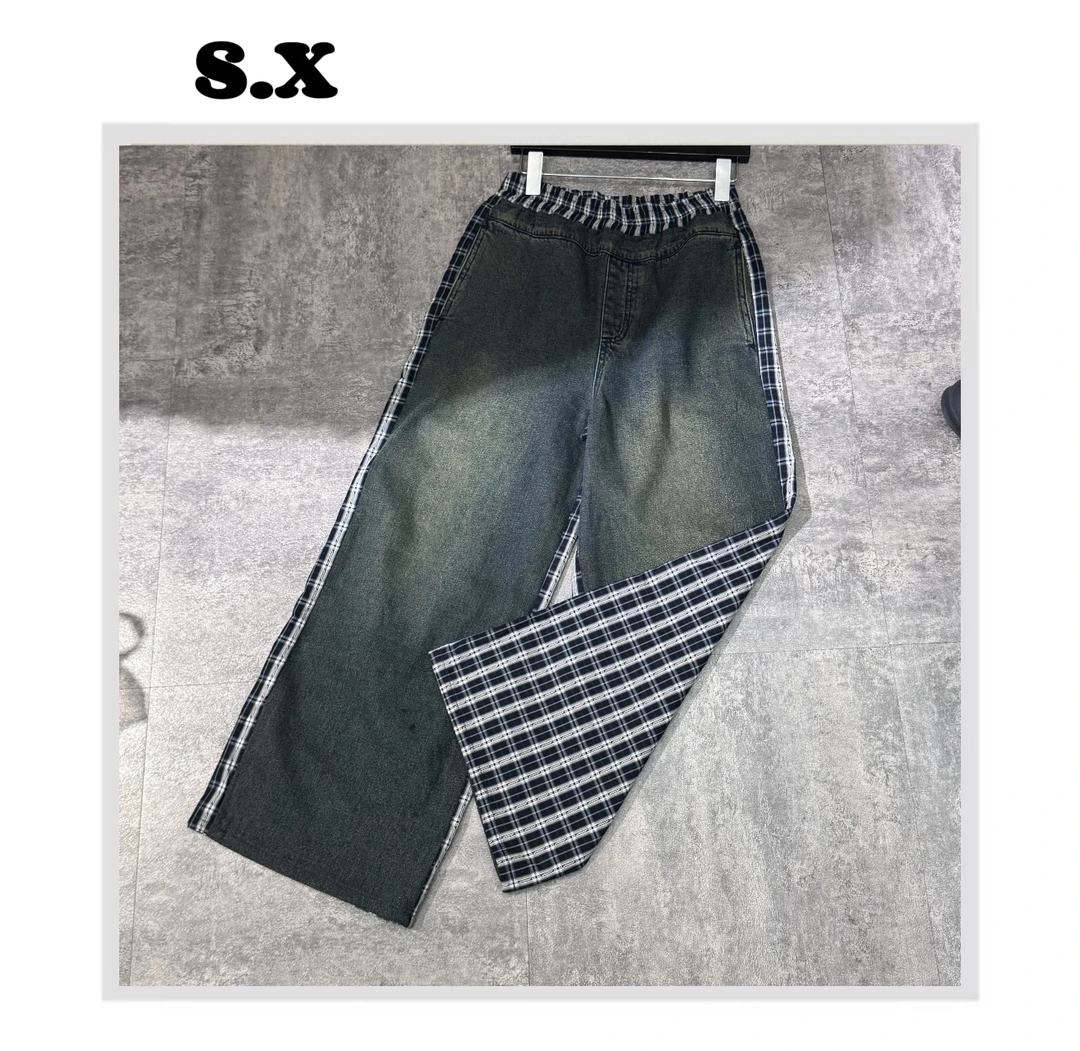 S.X 2025春夏新款 AB面拼接牛仔阔腿裤
