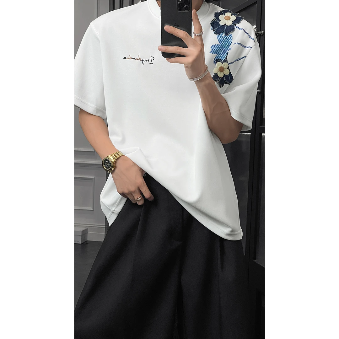 龙叨叨夏季新品美式潮牌贴布绣花朵设计T恤重磅百搭情侣短袖上衣