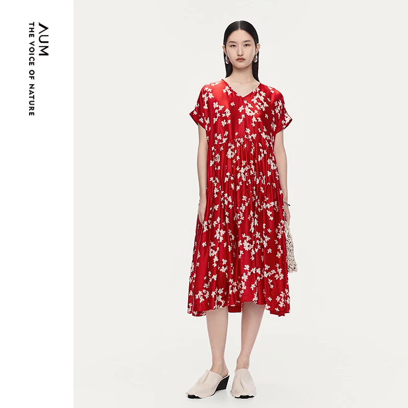 【FaFa裙】AUM/噢姆圣女果红桑蚕丝抽象印花休闲连衣裙MCFZ20546