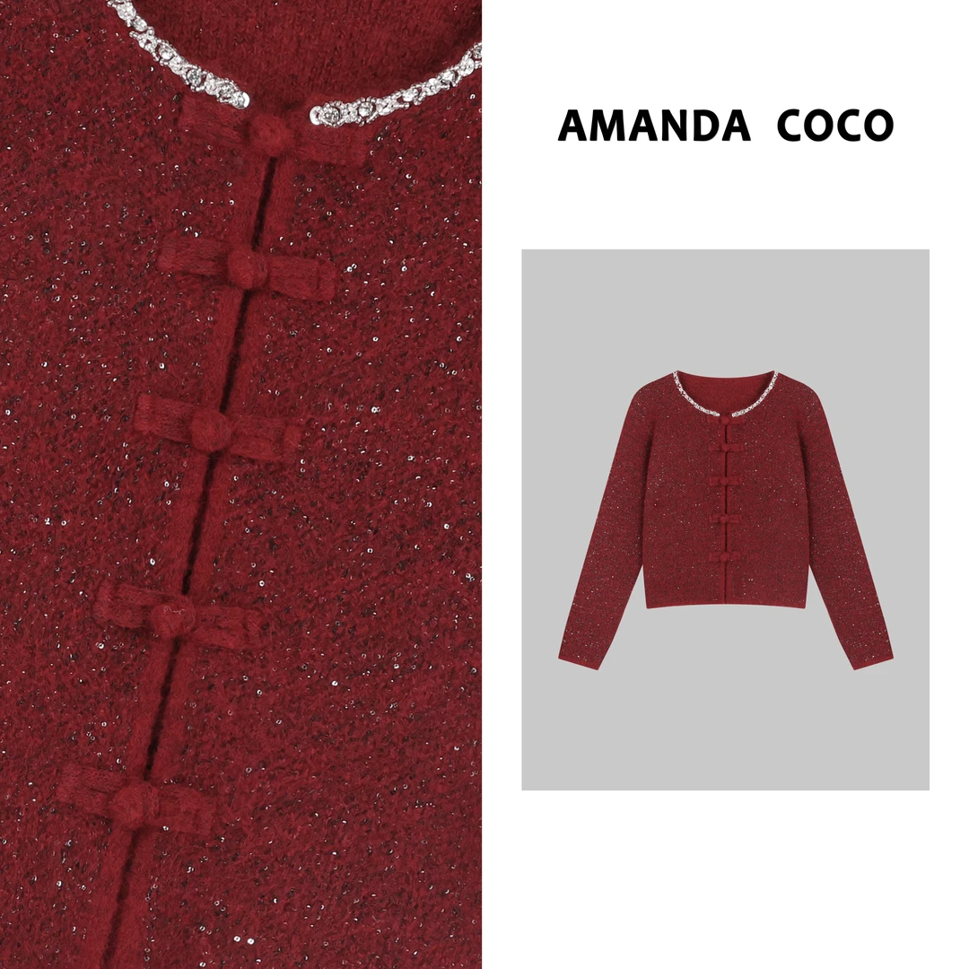 潇潇# 新中式设计~高定重工串钻毛衣小香风长袖红色复古提花国风