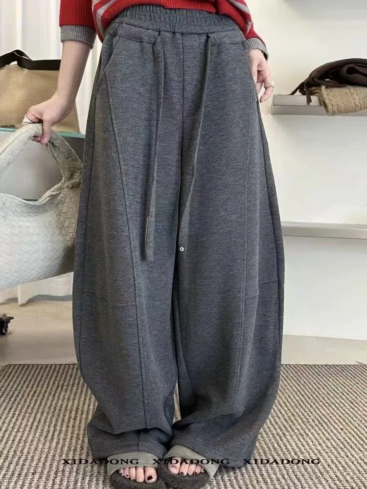 欧货加厚加绒慵懒阔腿裤女2025冬垂感显瘦高腰拖地弯刀休闲裤