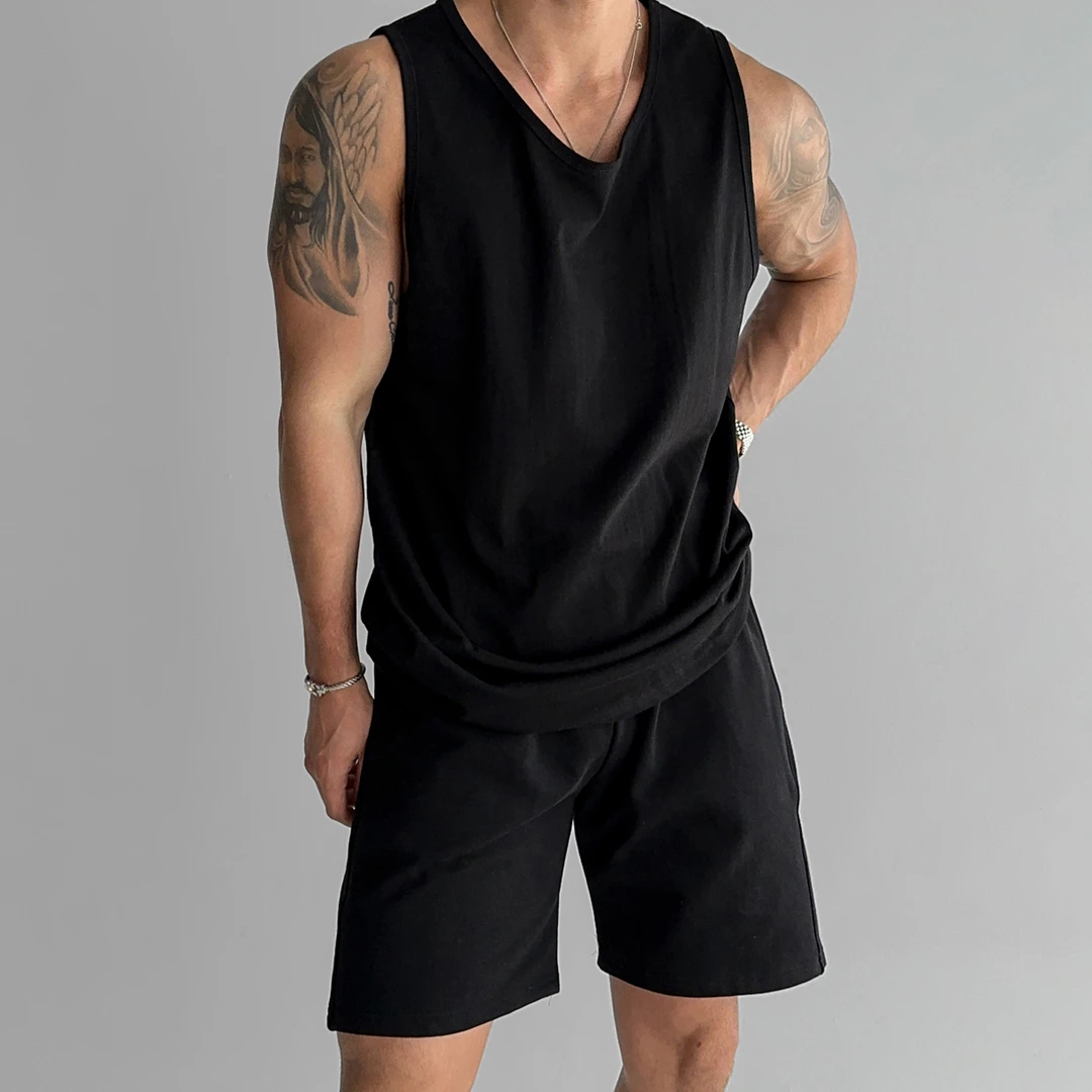 健身灰色背心男士夏季美式高街休闲百搭坎肩宽松重磅无袖圆领T恤