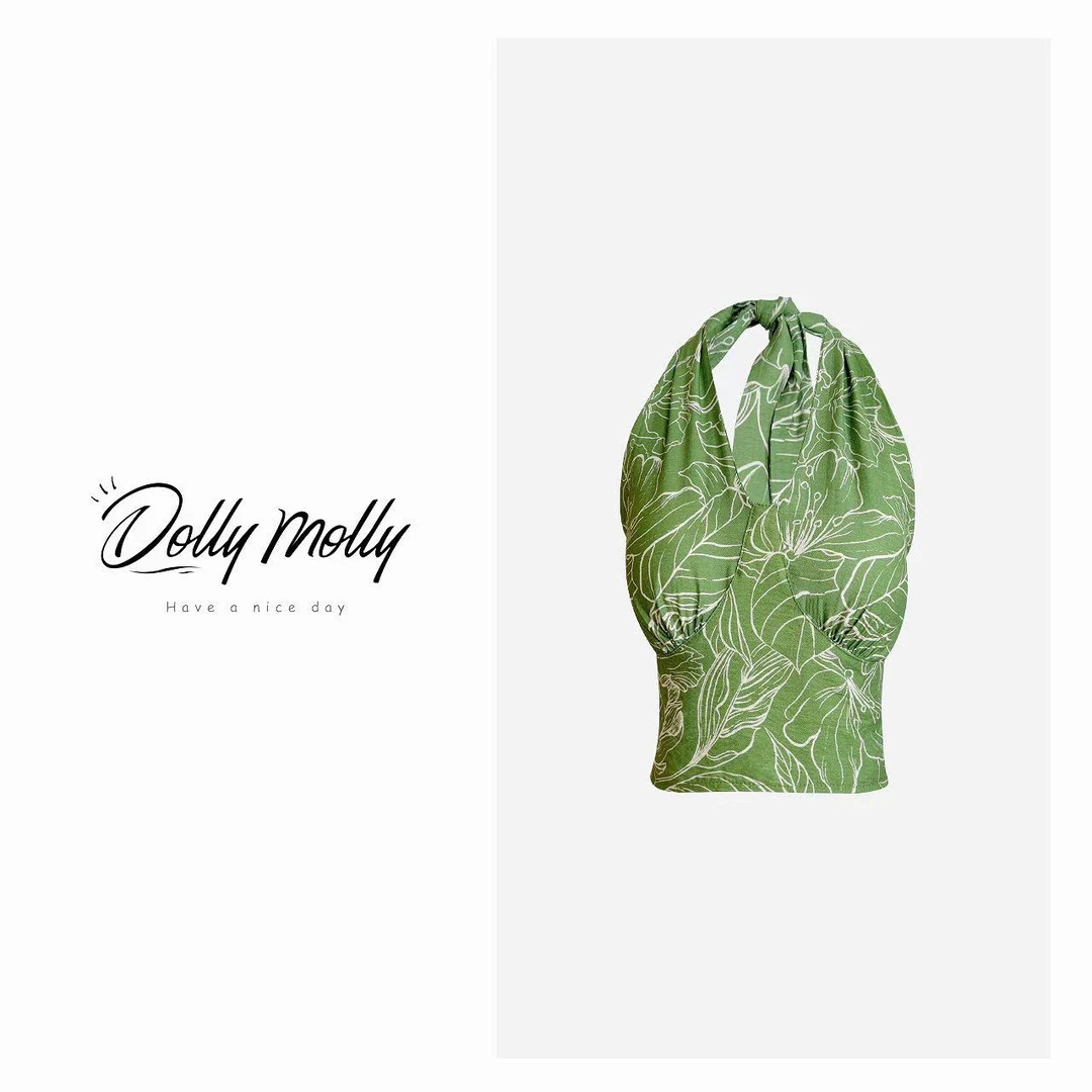DOLLY&MOLLY绿色叶子设计感印花挂脖背心吊带2025夏秋时尚性感238