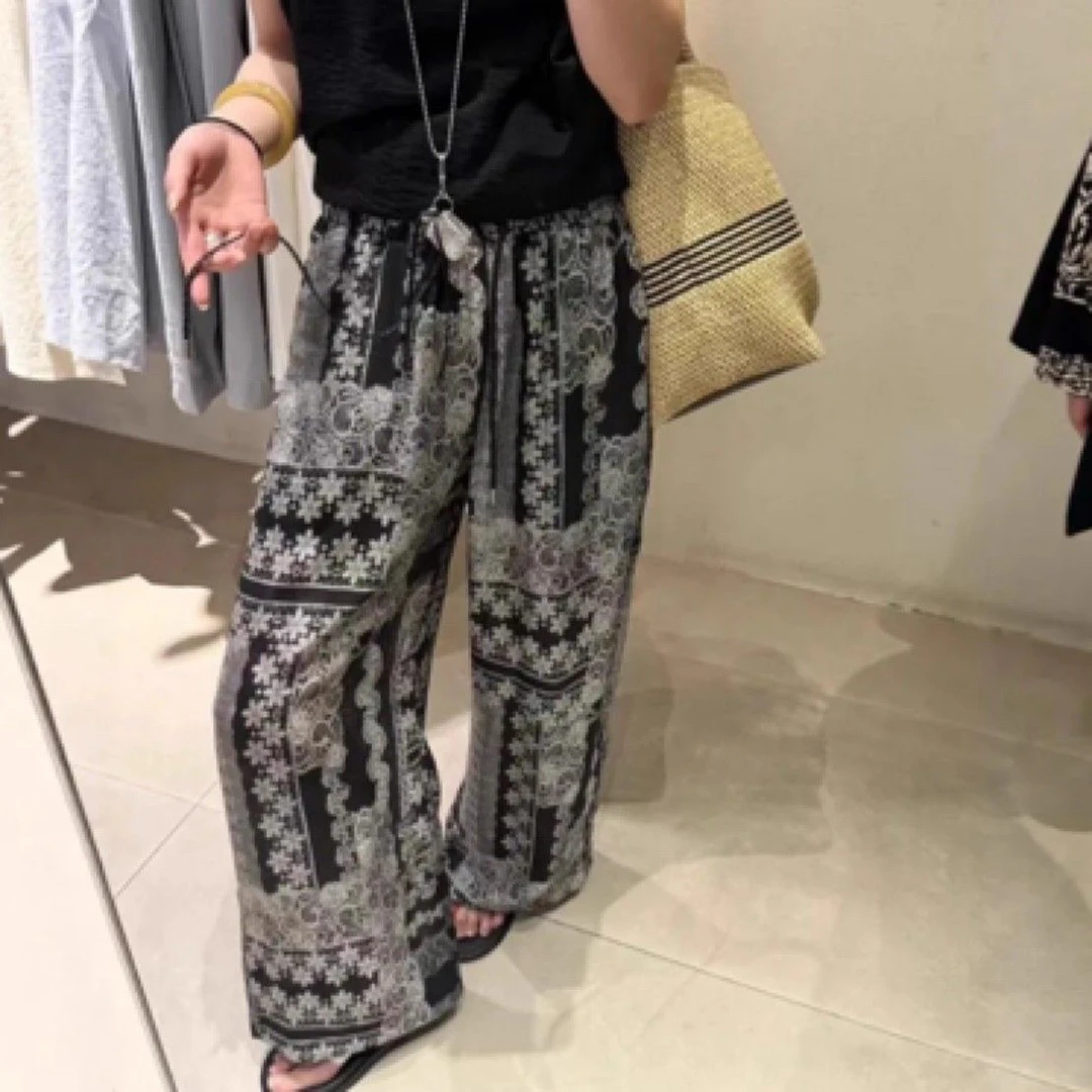 欧货复古印花抽绳松紧腰阔腿裤女2025夏季新款宽松气质冰丝直筒裤
