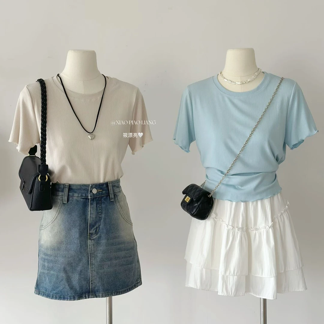 2025韩系简约系夏季短袖T恤圆领木耳边纯色极简风上衣701#0.1