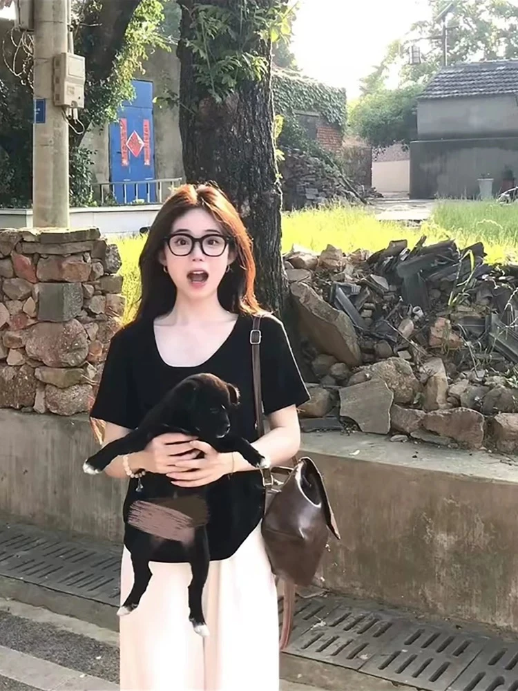 2423夏季新款美式简约百搭慵懒风松弛感纯色打底外穿短袖T恤上衣