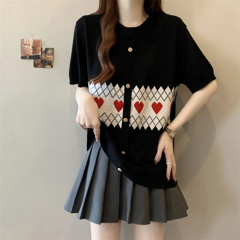 微胖妹妹大码撞色菱形格子假两件短袖T恤女夏季新款气质显瘦上衣