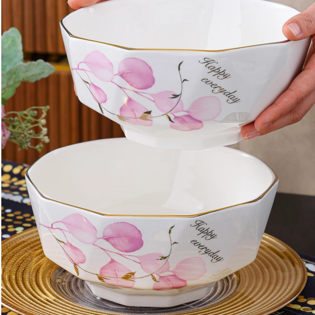 【宠粉福利】金边粉色情怀8英寸2只加深大汤碗汤碗家用陶瓷装简约