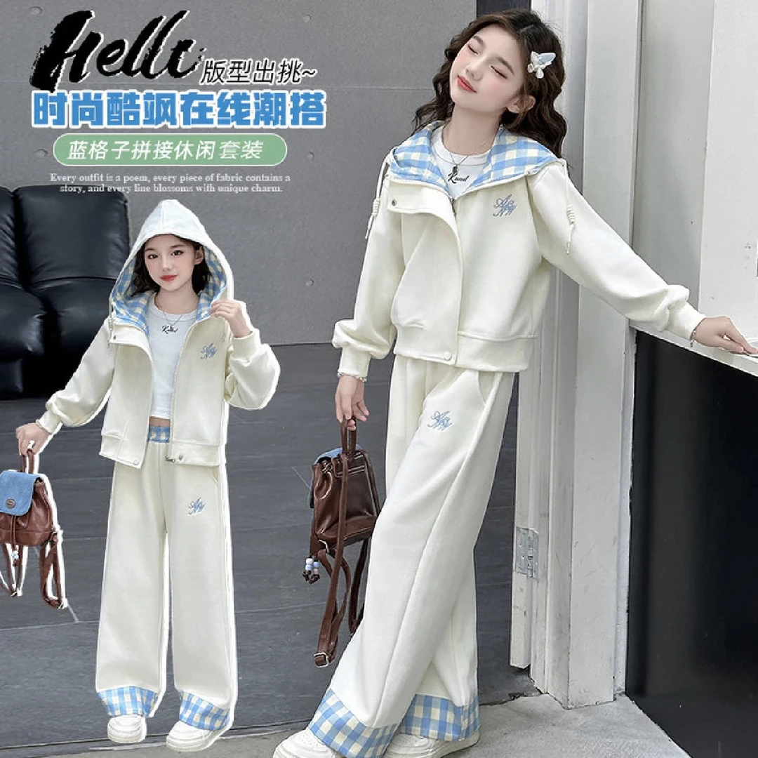 女童秋季新款中大童洋气时尚韩版格子拼接连帽阔腿针织女童秋装潮