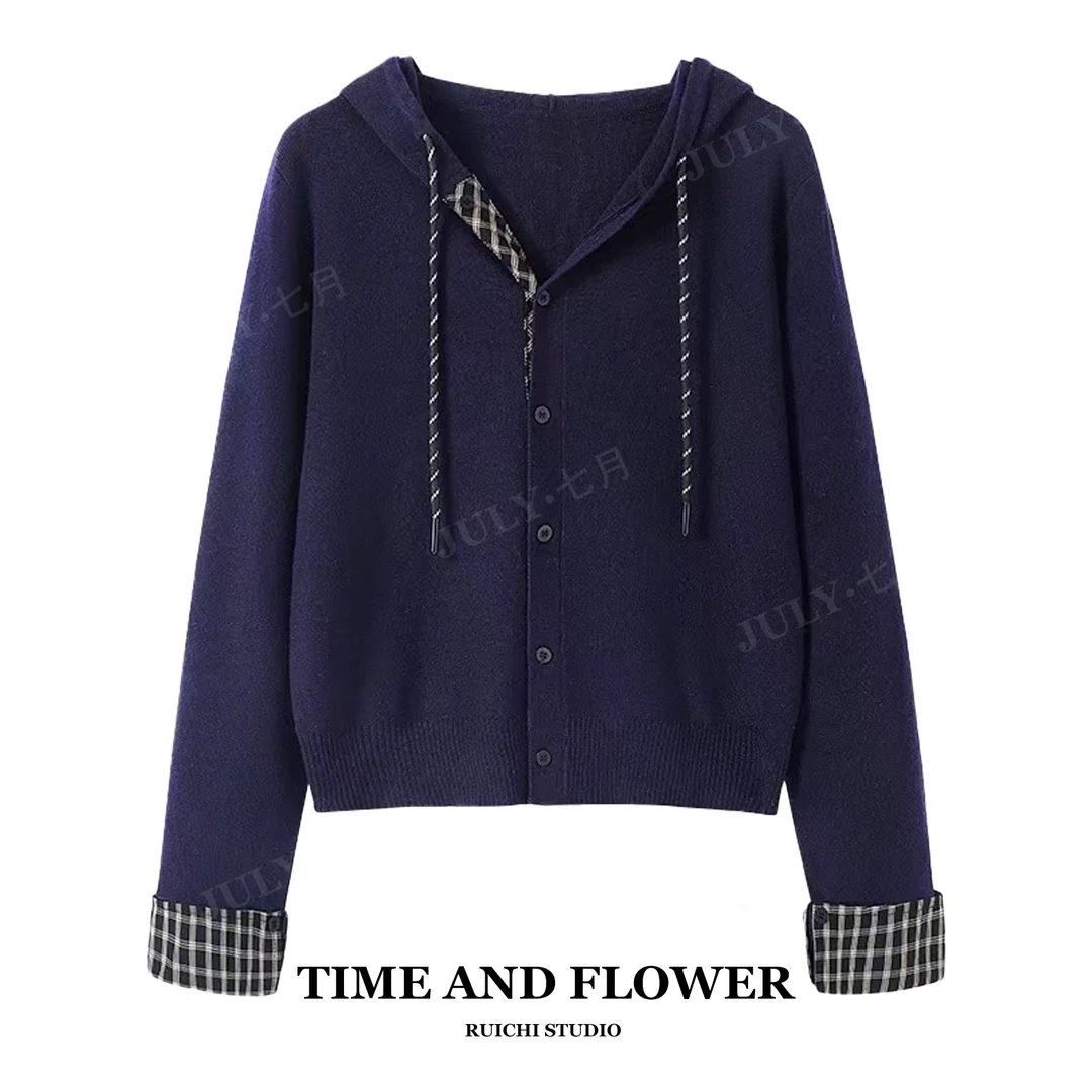 2025秋季新款韩系慵懒风连帽格子拼接薄款针织开衫高级显瘦外套女