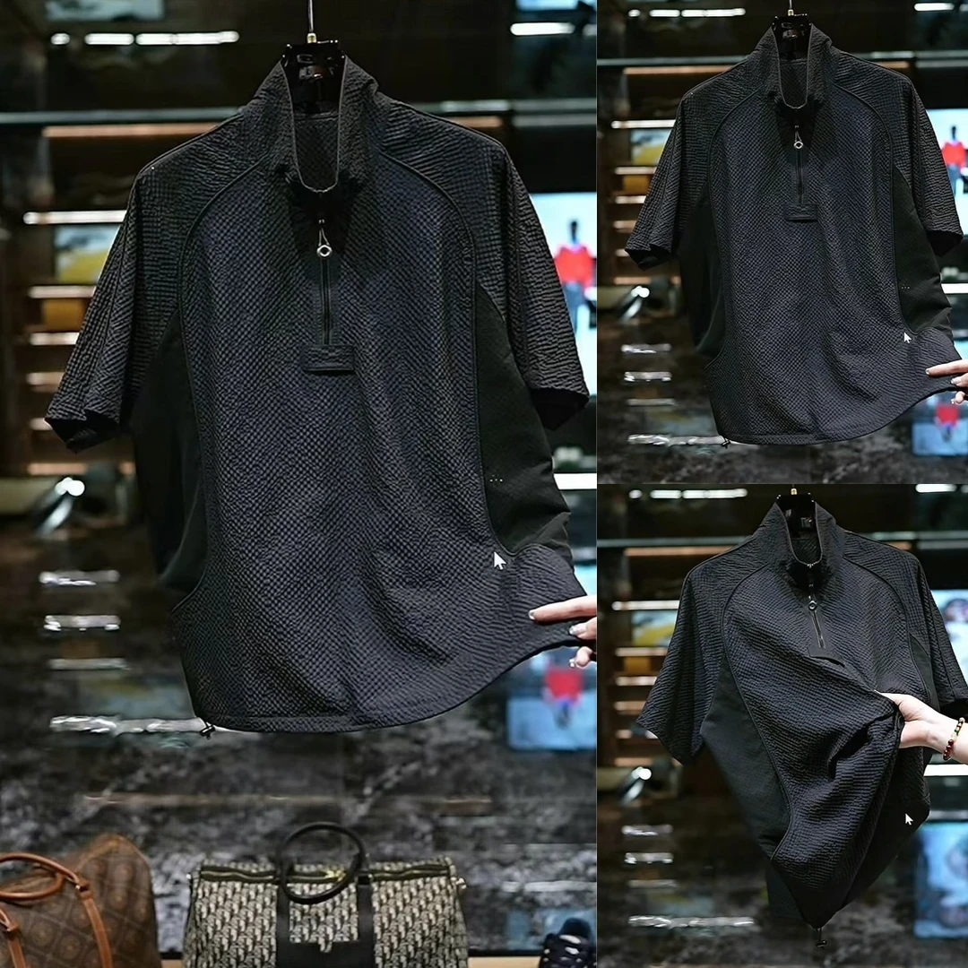 立领休闲短袖夏季新品半拉链T恤时尚百搭网眼线条设计透气半袖T恤