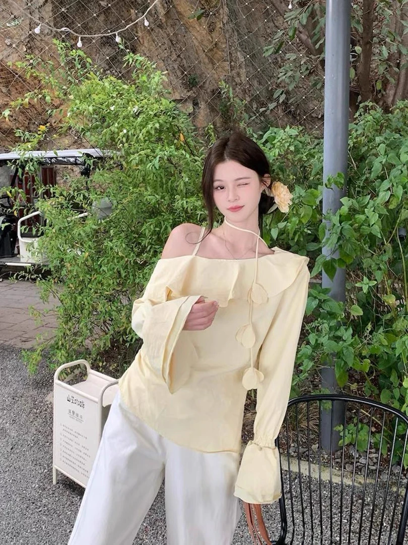 春夏设计感小众荷叶边露肩长袖衬衫显瘦宽松减龄不规则上衣