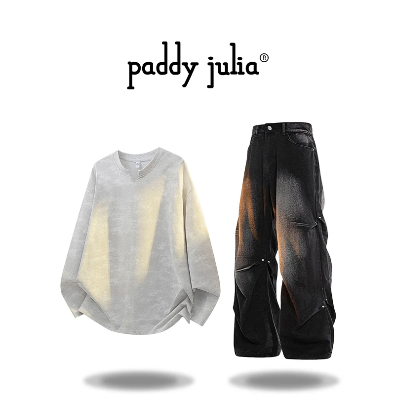 Paddy julia扎染长袖T恤套装男秋季宽松休闲时尚潮流痞帅牛仔长裤