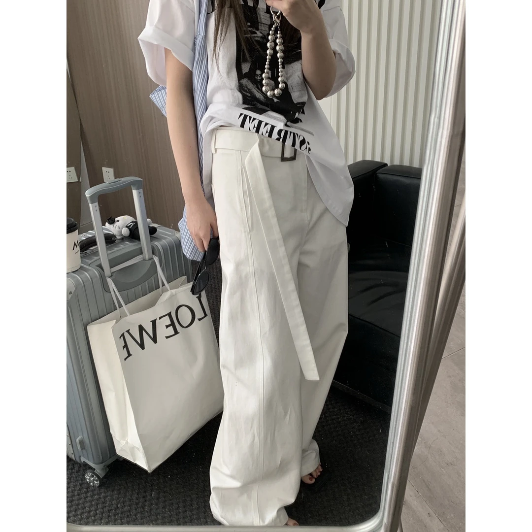 YIBAN 白色阔腿休闲裤女早春设计感腰带宽松显垂感直筒拖地长裤子