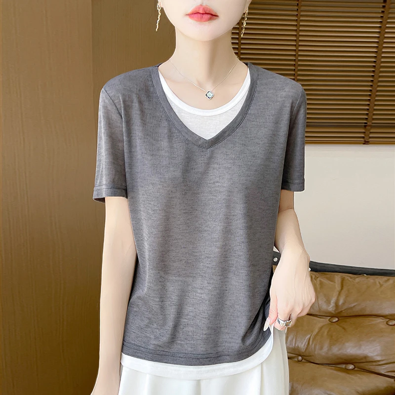 夏日新款女士假两件短袖t恤2025韩版气质女轻奢高级感V领T恤夏装