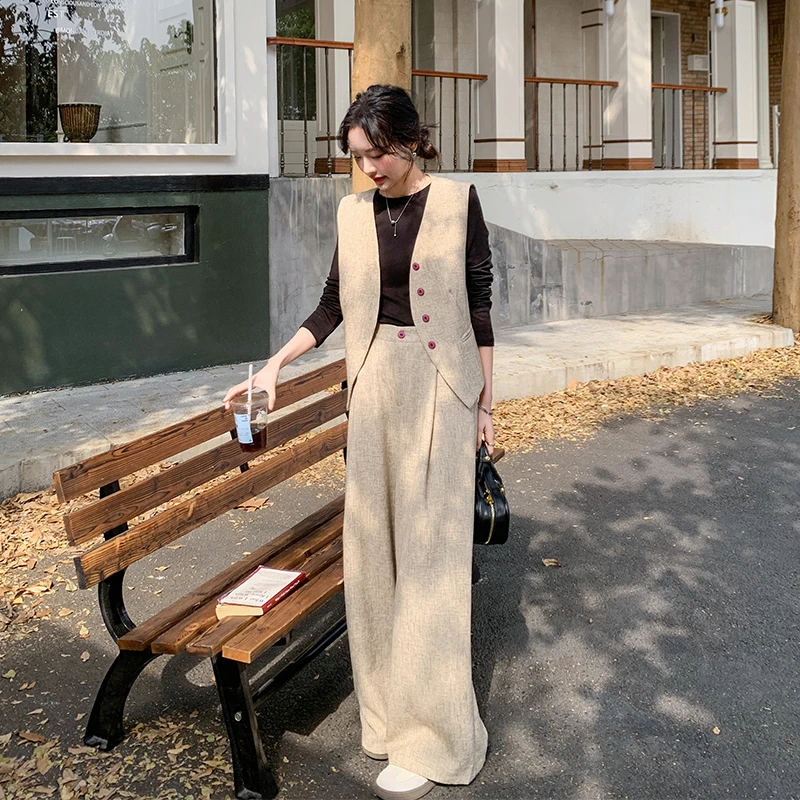气质通勤高级感穿搭小香风亚麻套装女春时尚洋气盐系阔腿裤两件套