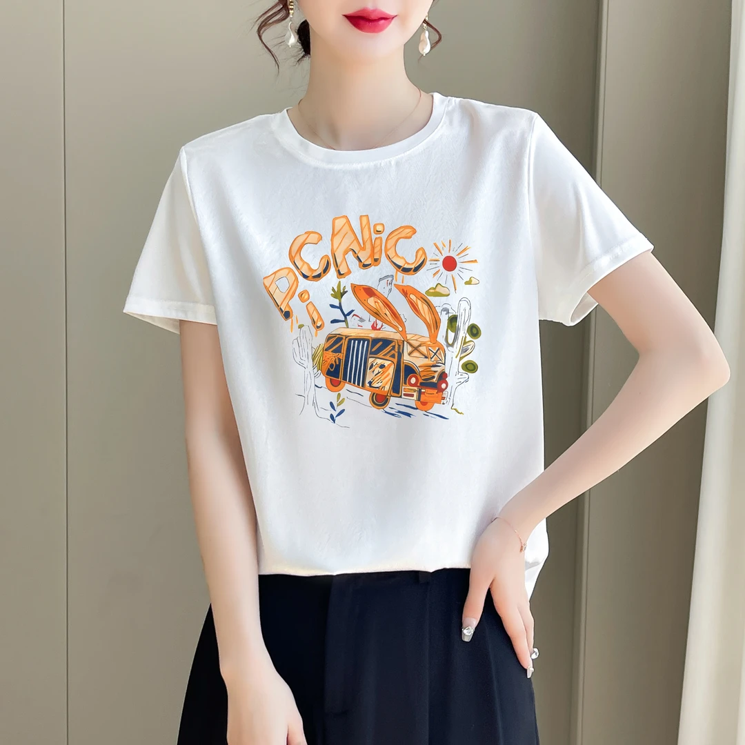 1488新款丝滑缎面冰凉感百搭时尚休闲女T恤AB拼接短袖