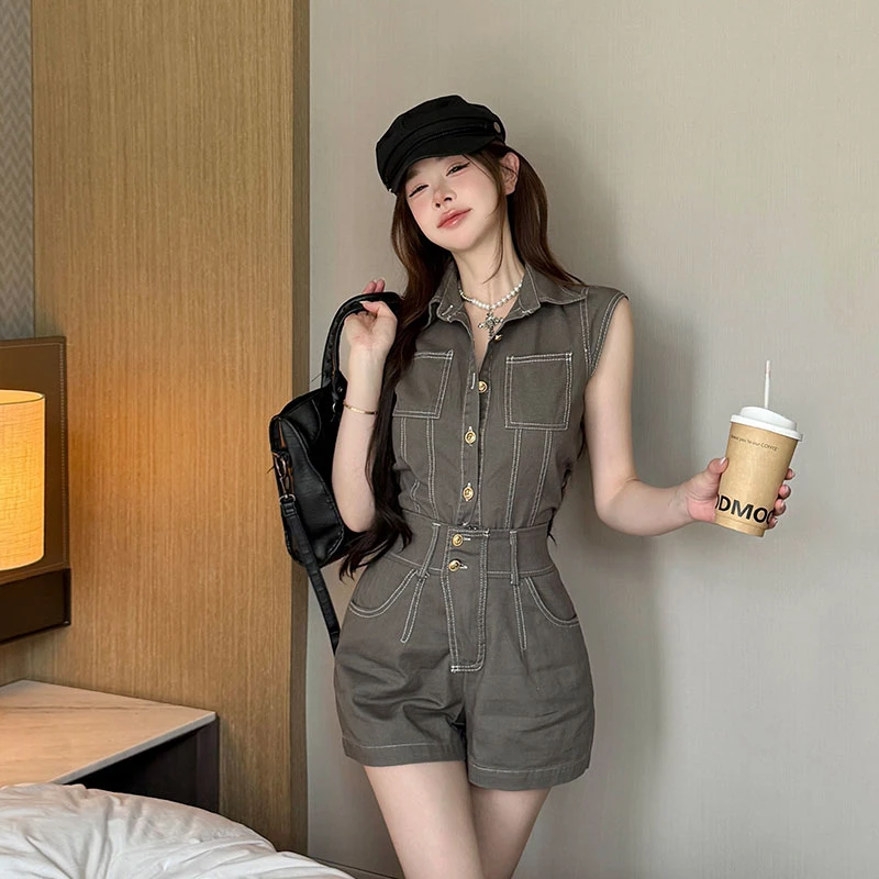 夏季新款时尚设计感休闲减龄套装无袖修身开衫气质牛仔短裤两件套
