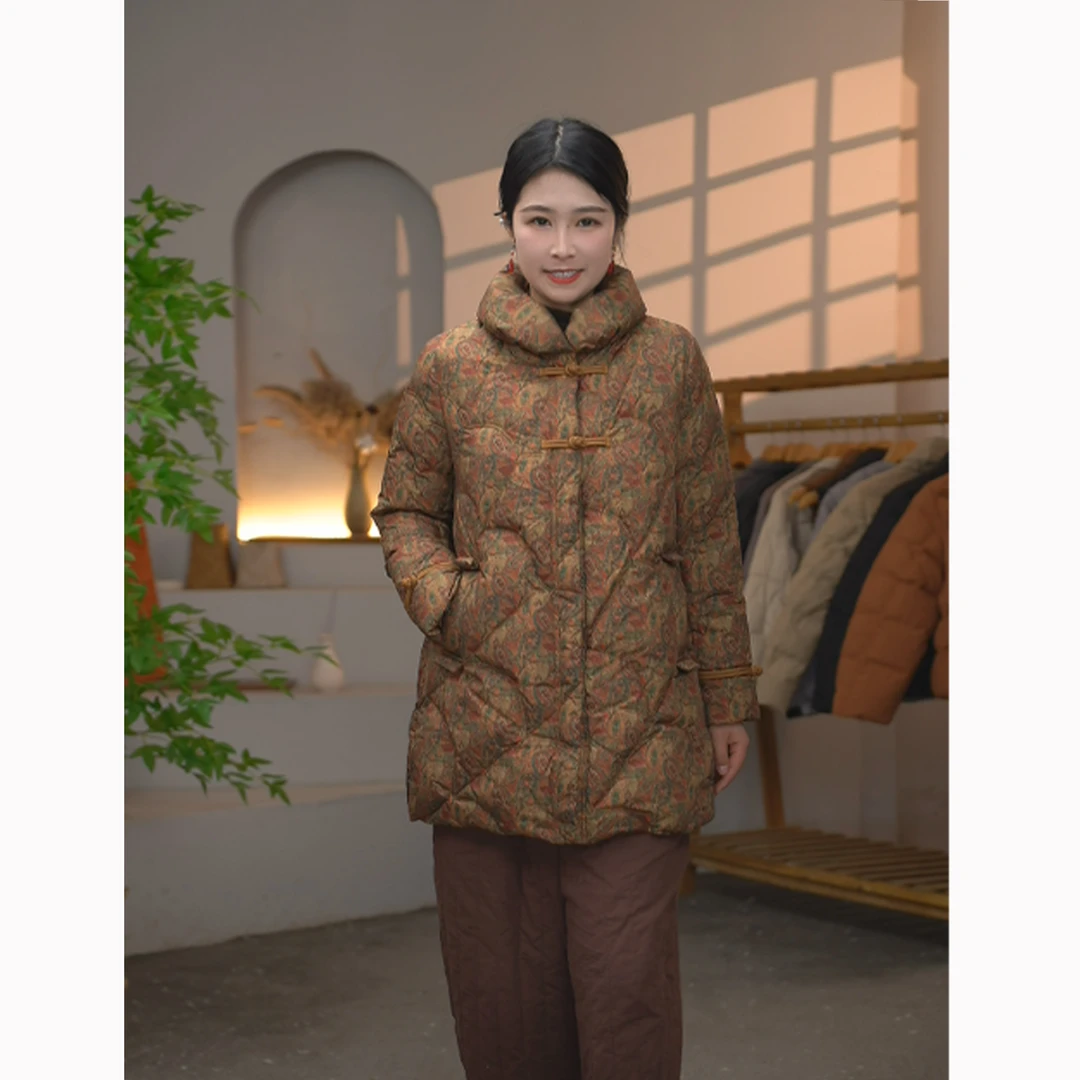 原创设计加厚保暖中长款90白鸭绒羽绒服立领时尚女款外套