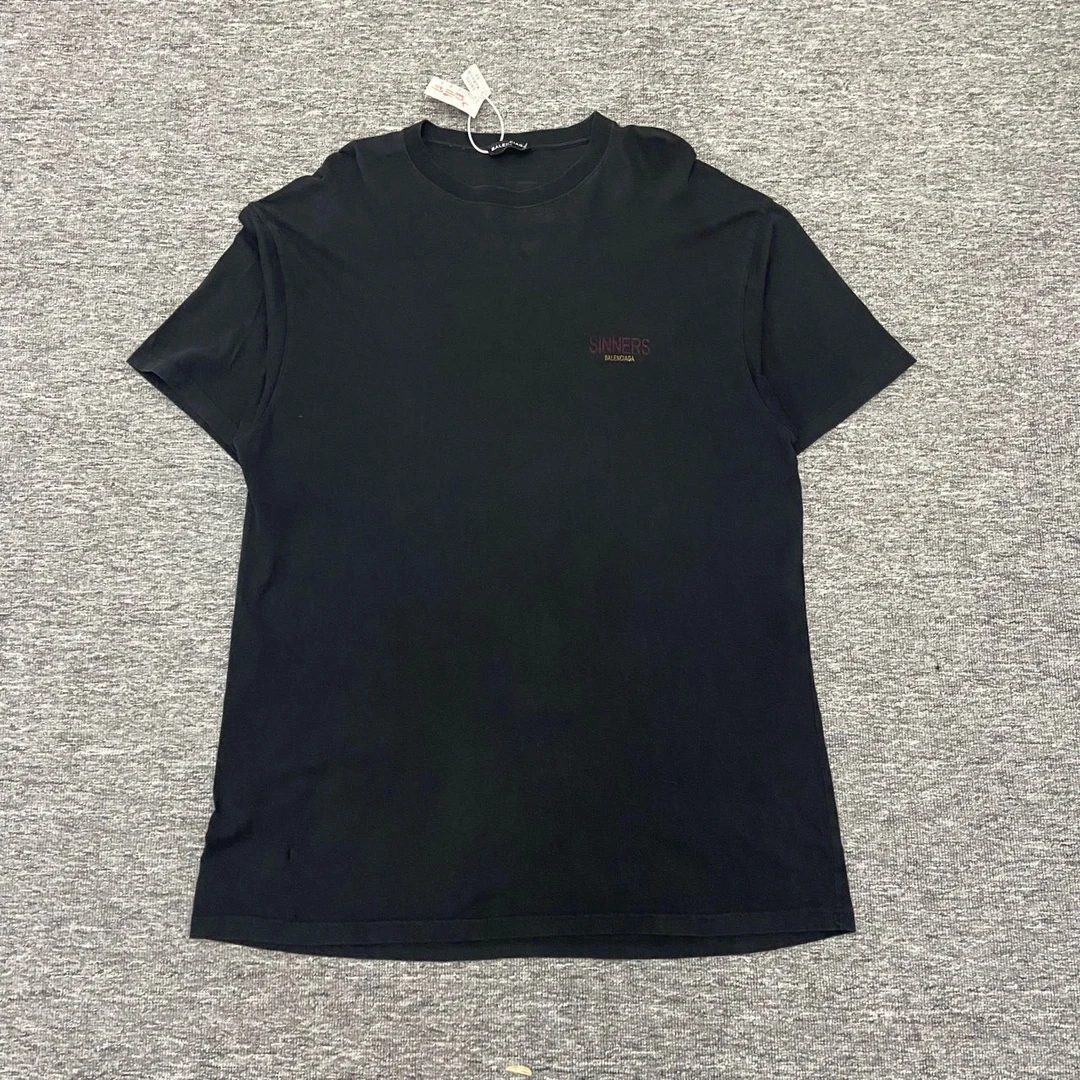 99新 Balenciaga/巴黎世家 黑色印花短袖/L码/9新/轻则破洞/02063