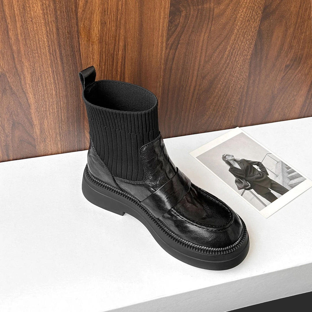 4cm/SU1567牛皮圆头厚底短靴女秋冬百搭加绒黑色粗跟弹力袜靴显瘦