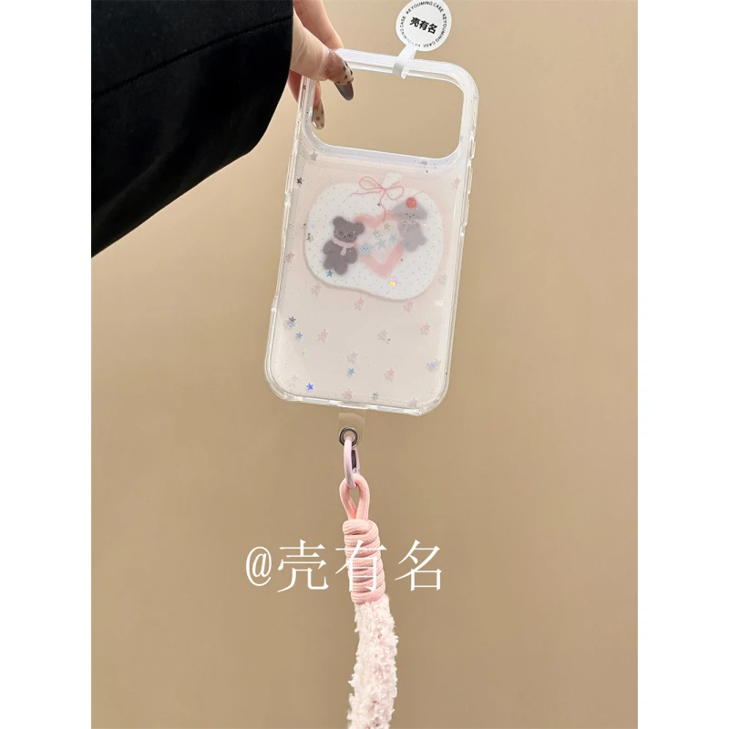 少女卡通满屏闪粉苹果考拉毛绒绳适用苹果17手机壳iPhone16/15/14