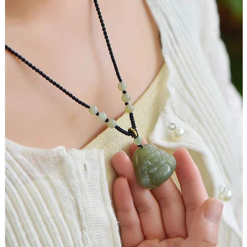 和田玉项链大肚佛弥勒佛平安编织黑绳不掉色女锁骨链闺蜜吊坠礼物