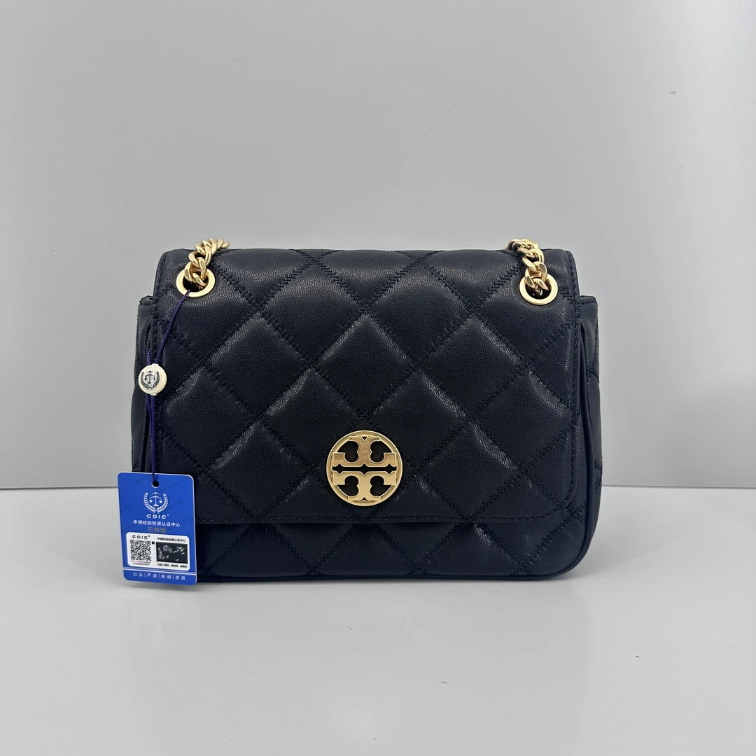 99新 TORY BURCH/汤丽柏琦 小林黑色方胖子链条包24x18x8 B052017