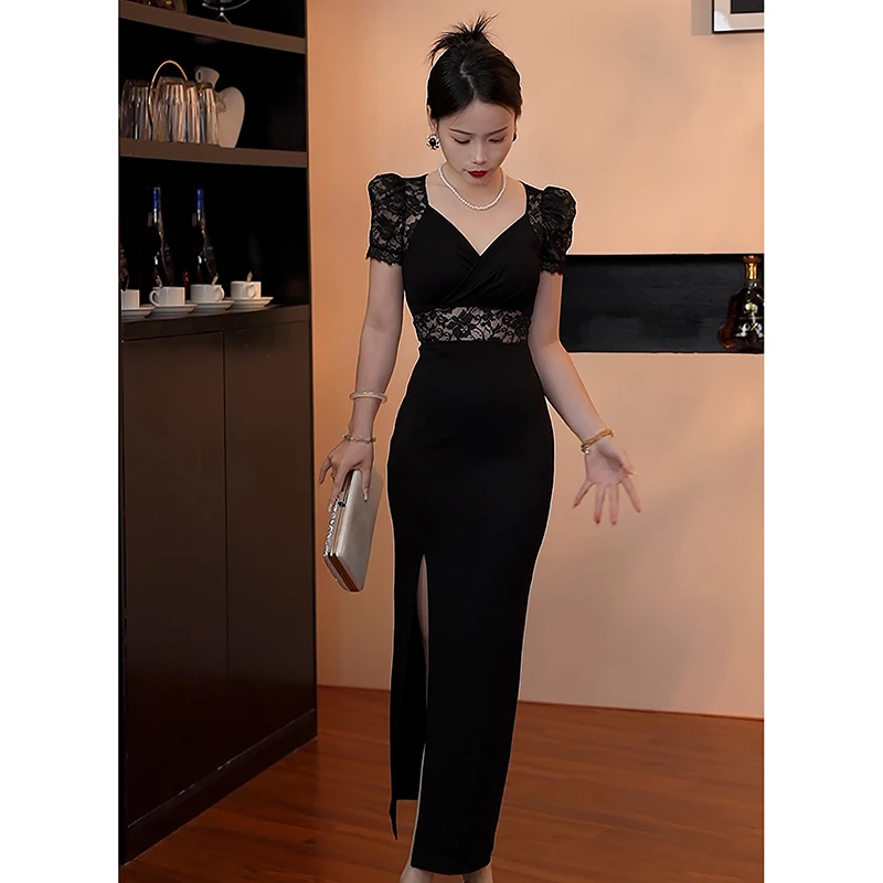 GERUIOUDIAN/格芮欧典6818气质高贵优雅名媛修身开叉连衣裙黑色女
