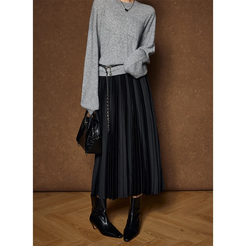 A美洋MEIYANG 折扇半裙 微光缎面重工风琴褶松紧腰A字半身中长裙P