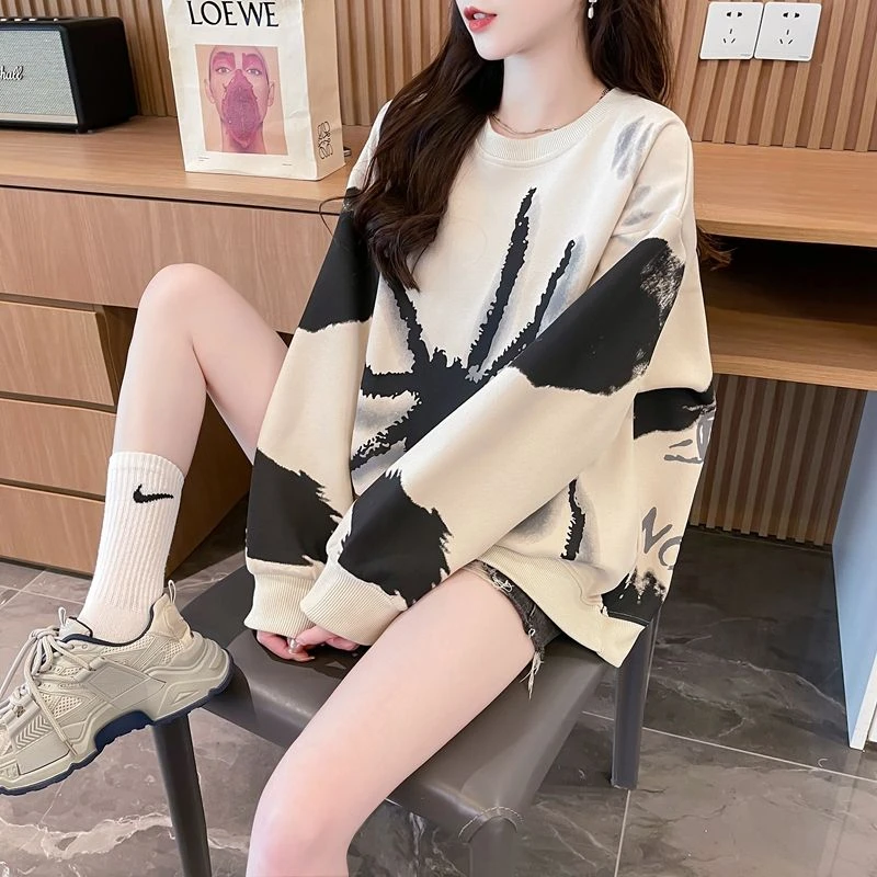 时尚印花纯棉休闲洋气套头圆领卫衣女早秋新款中长款大码女装胖mm