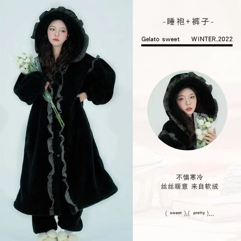 423【睡袍+裤子】冬季睡衣女黑色蝴蝶结睡袍睡袍家居服