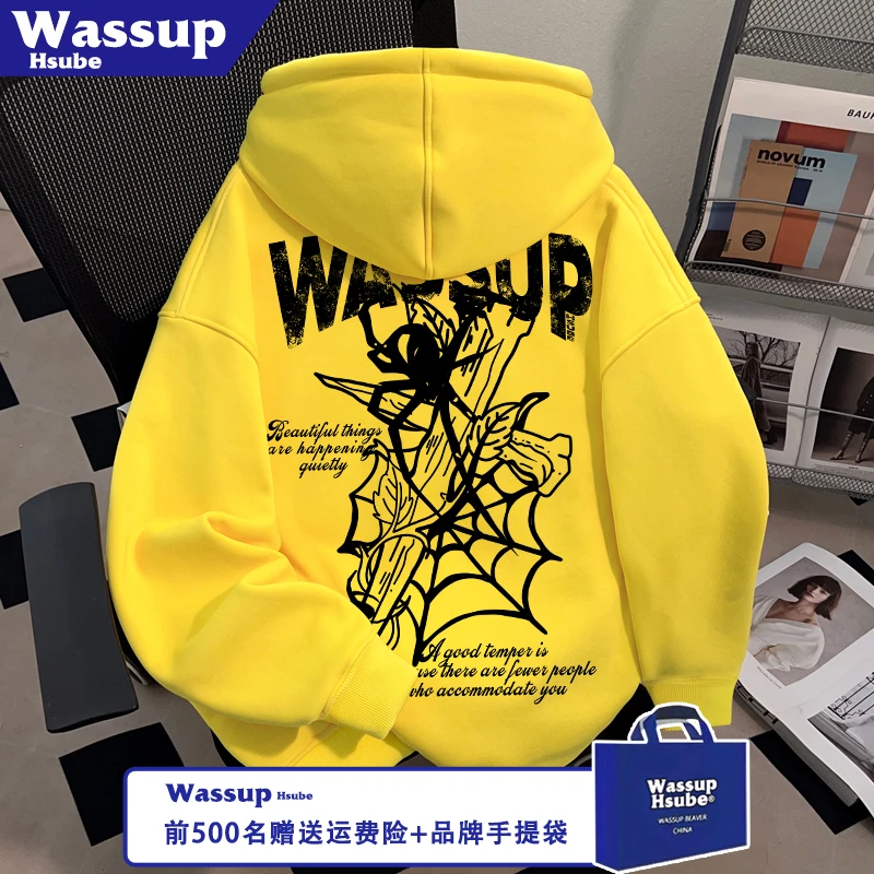 WASSUP HSUBE美式潮牌秋冬连帽加绒加厚上衣英文印花男女黄色卫衣