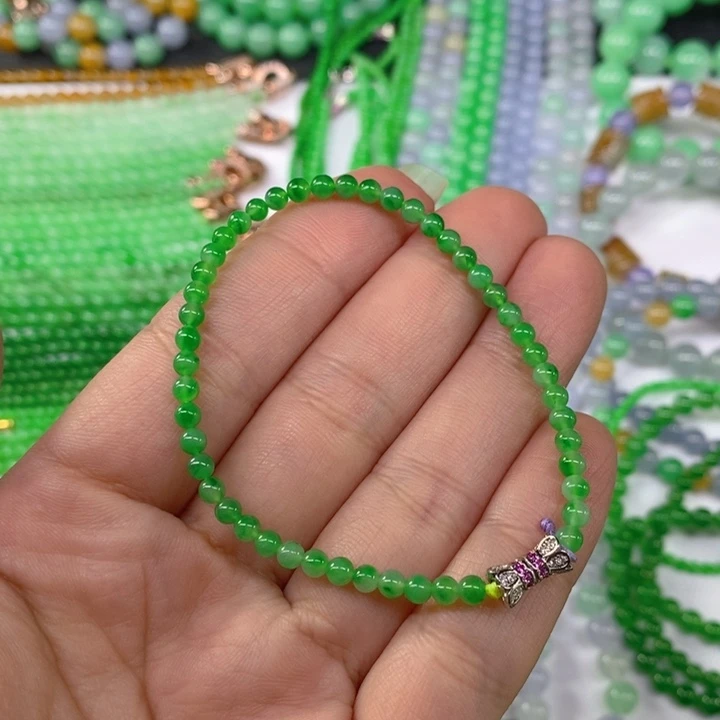 翡翠未镶嵌颈饰缅甸天然翡翠冰种阳绿小米珠手链3.6