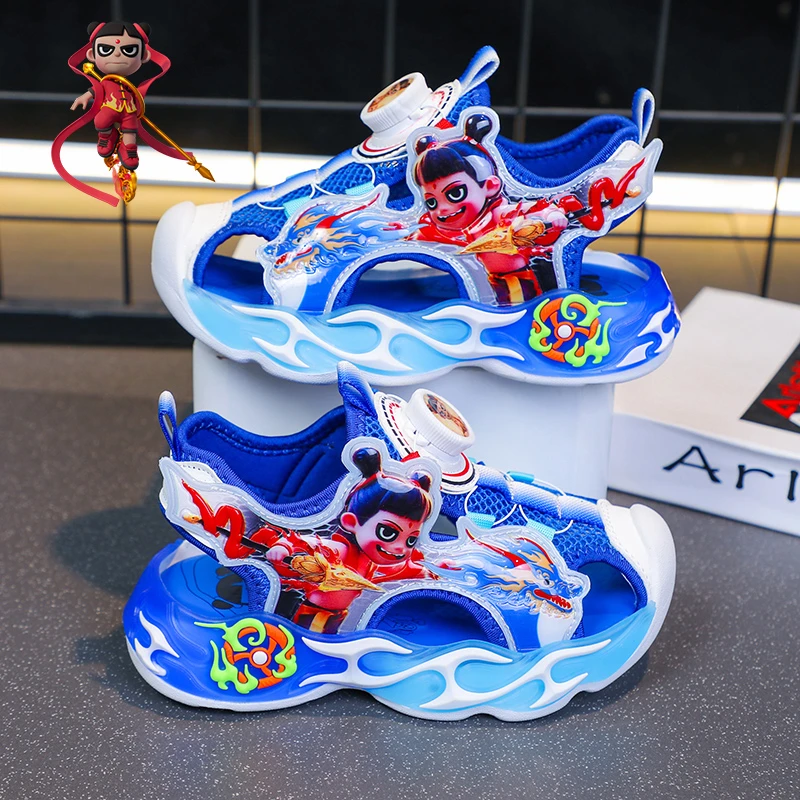 男童镂空卡通风夏季凉鞋儿童哪吒防滑运动鞋大童软底旋钮沙滩鞋