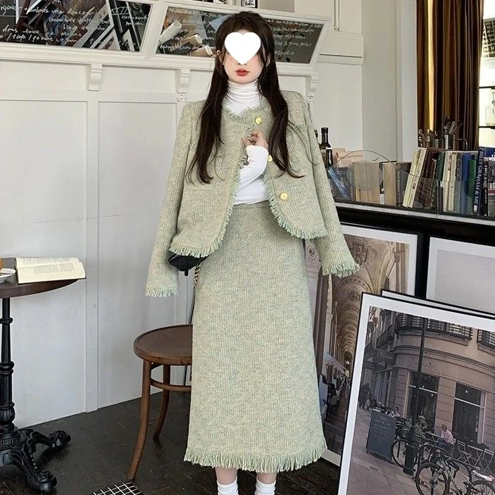 优雅淑女小香风套装裙春秋新款甜美韩系风格外套与半身裙精致两件