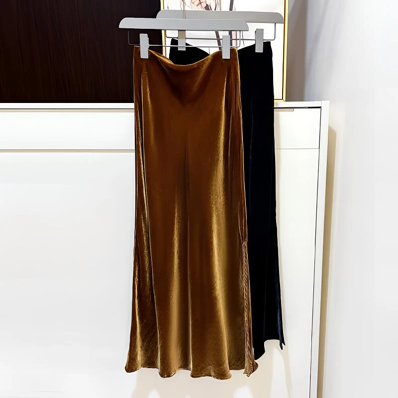 高腰真丝丝绒气质半身裙2025春秋桑蚕丝鱼尾裙开叉修身a字裙子