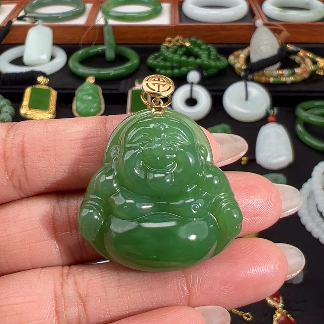 和田玉（碧玉）18K金镶嵌颈饰油绿厚装佛公