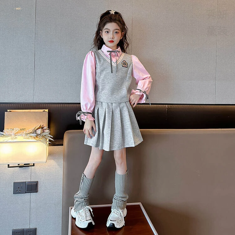洋气秋款女童校园风学院风春秋衬衣搭配秋冬套装时尚湖州灰
