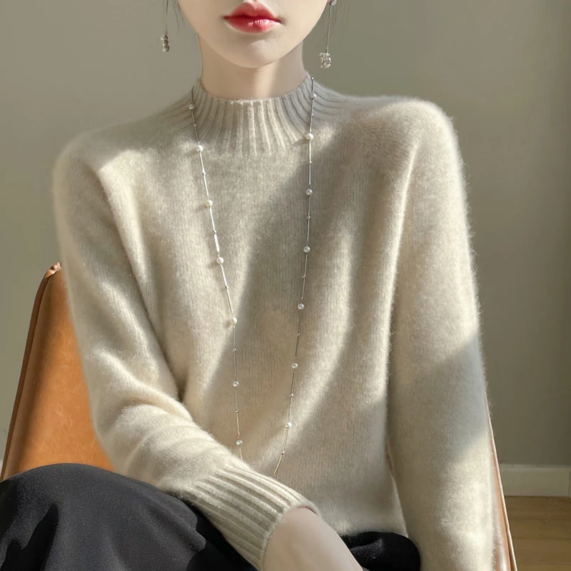 重磅加厚~一线成衣100%纯山羊绒衫女半高领宽松休闲针织打底 D030