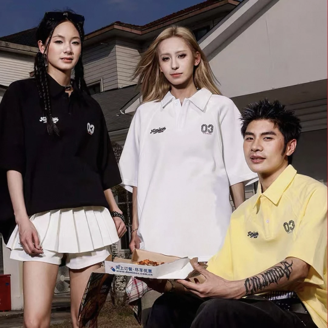 夏季美式高街Polo衫男女痞帅情侣翻领T恤上衣-829