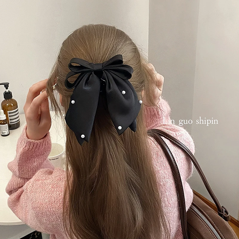 2025新款红色高级感抓夹气质多层蝴蝶结马尾夹大号后脑勺珠珠发夹