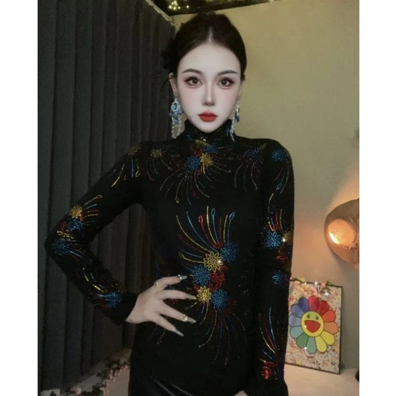 【新疆包邮】半高领打底衫女内搭秋冬时尚烫钻上衣修身显瘦加绒