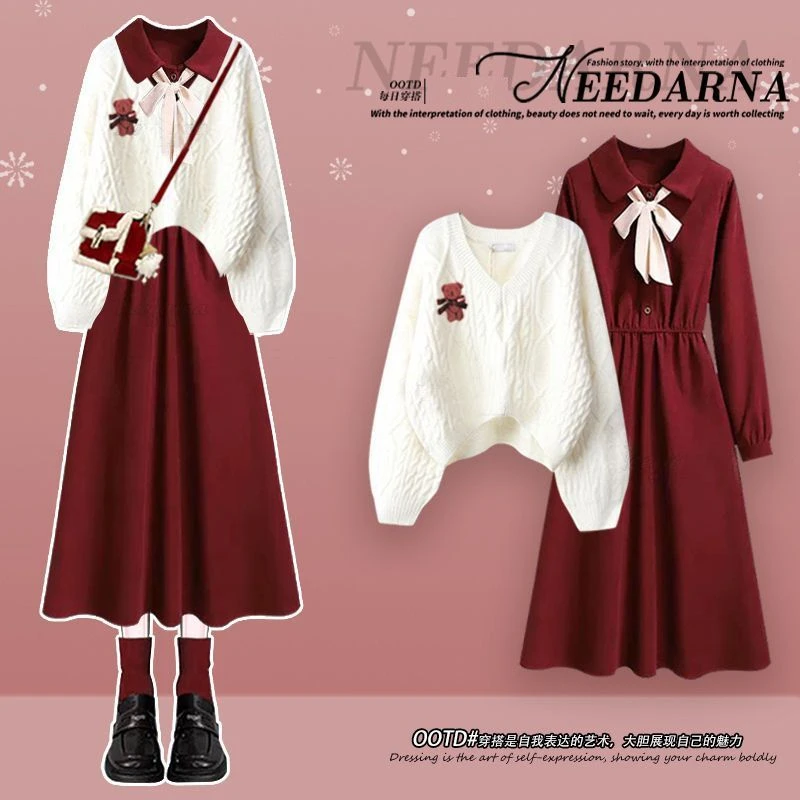 法式小洋装富家千金圣诞穿搭长袖红色连衣裙秋冬季气质毛衣长裙子