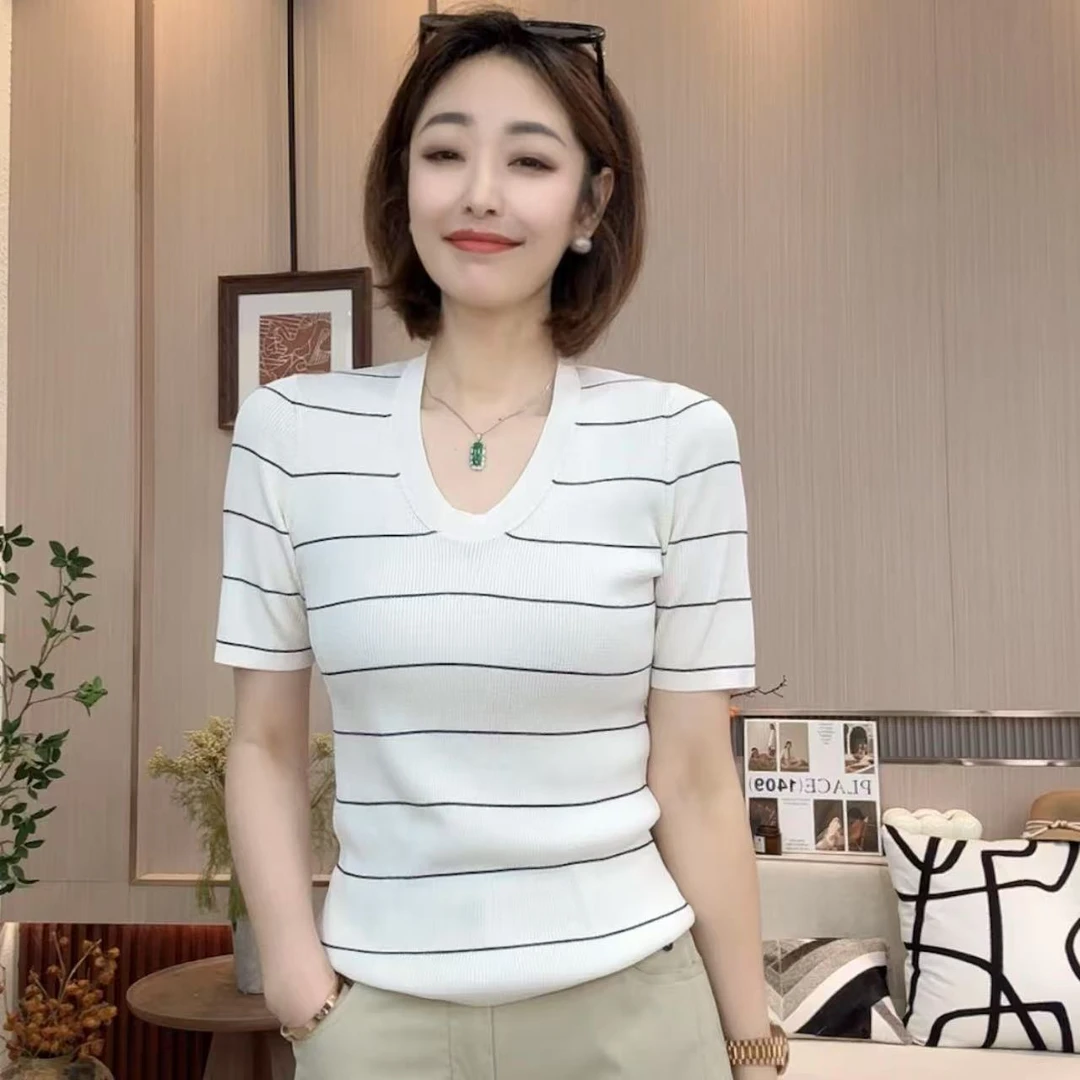 FIGO LOVE 夏季气质蛋领显瘦通勤休闲针织上衣21899